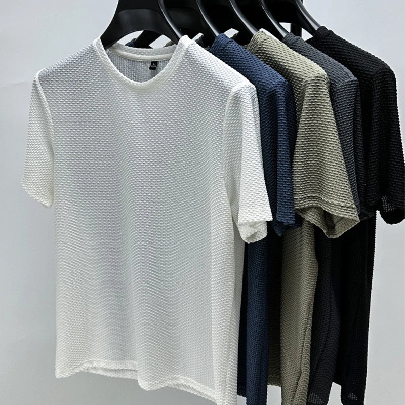 Men's Short Sleeve Mesh Bamboo Ice Silk T-shirt Casual Versatile Summer Elastic Slimming Top for Men Pi-Mart