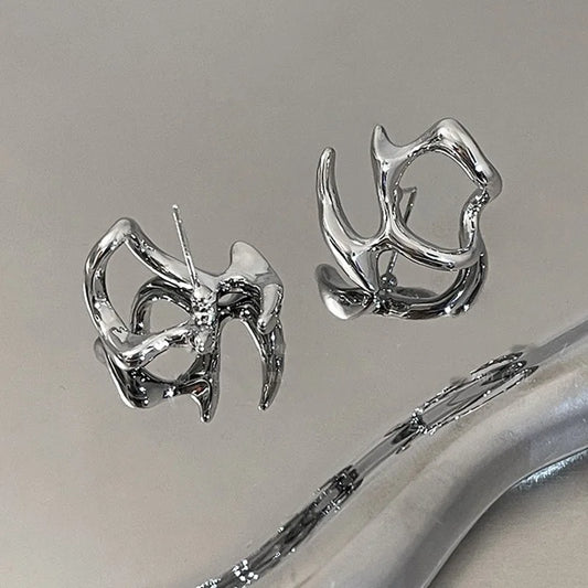 Y2K Irregular Liquid Earrings for Women Silver Color Hip-Hop Punk Fashion Geometric Earring Clip Girl 2024 Trendy Party Jewelry Pi-Mart