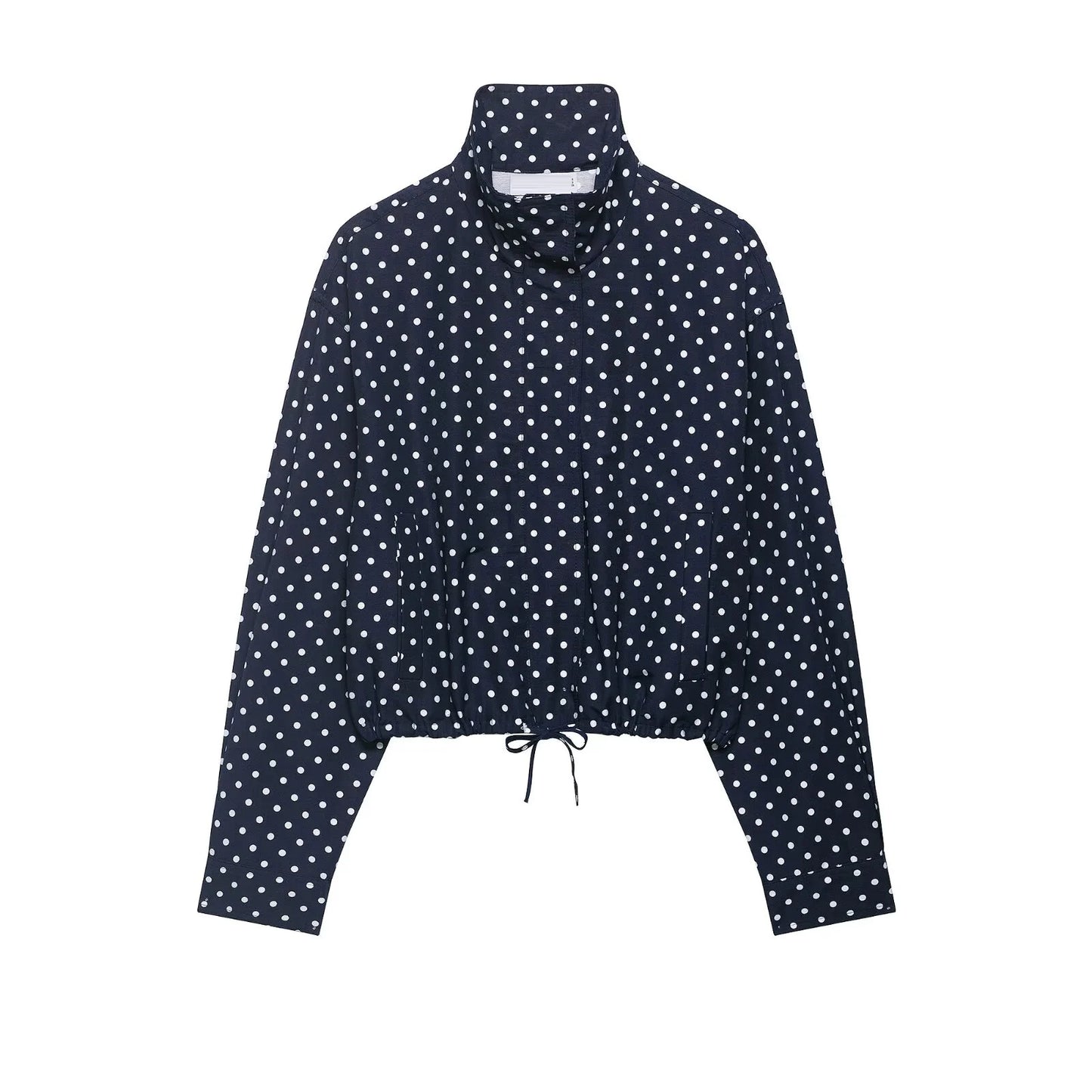 HH Fashion Women's Polka Dot Print Short Coats Autumn Long Sleeves Turtleneck Zipper With Pockets Drawstring Casual Jacket Pi-Mart