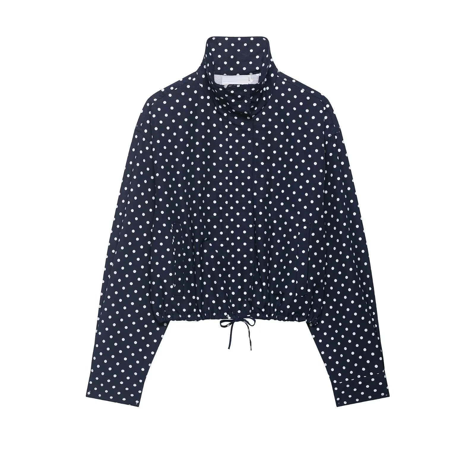 HH Fashion Women's Polka Dot Print Short Coats Autumn Long Sleeves Turtleneck Zipper With Pockets Drawstring Casual Jacket Pi-Mart