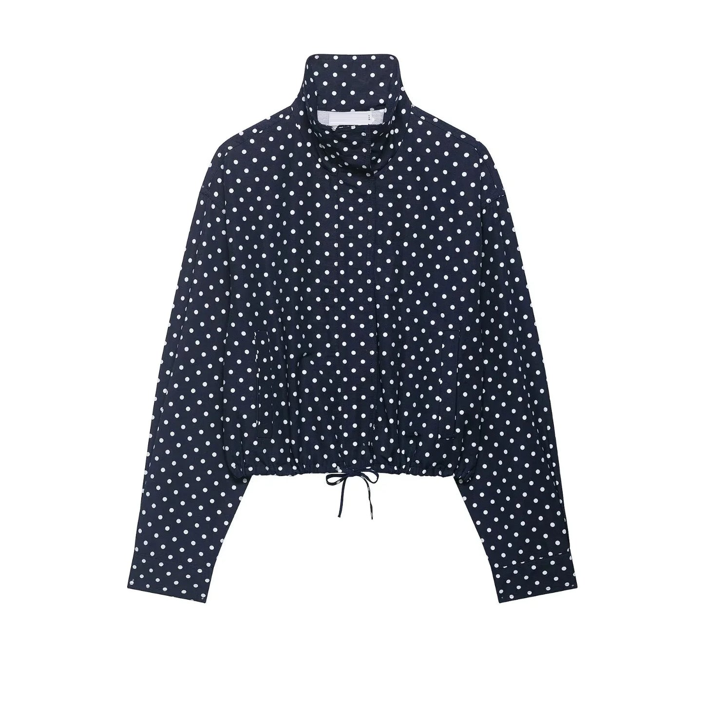HH Fashion Women's Polka Dot Print Short Coats Autumn Long Sleeves Turtleneck Zipper With Pockets Drawstring Casual Jacket LadyShow.Store