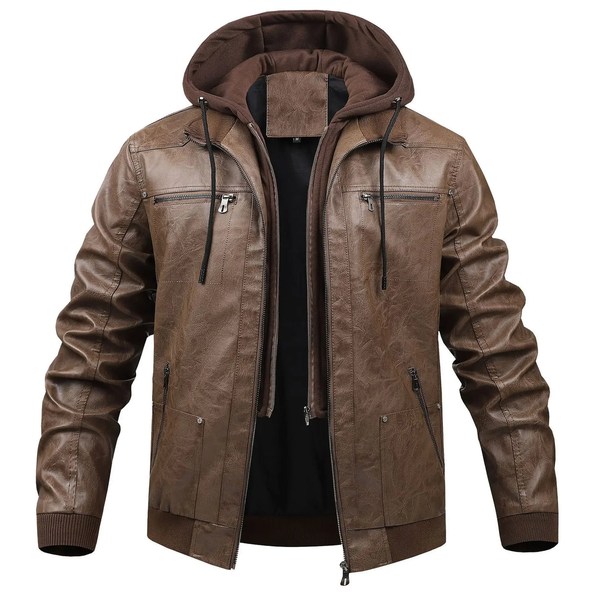 US Size Luxury Quality PU Jacket Men New Winter Faux Two-Piece Hooded Leather Jacket Casual Coat Pi-Mart