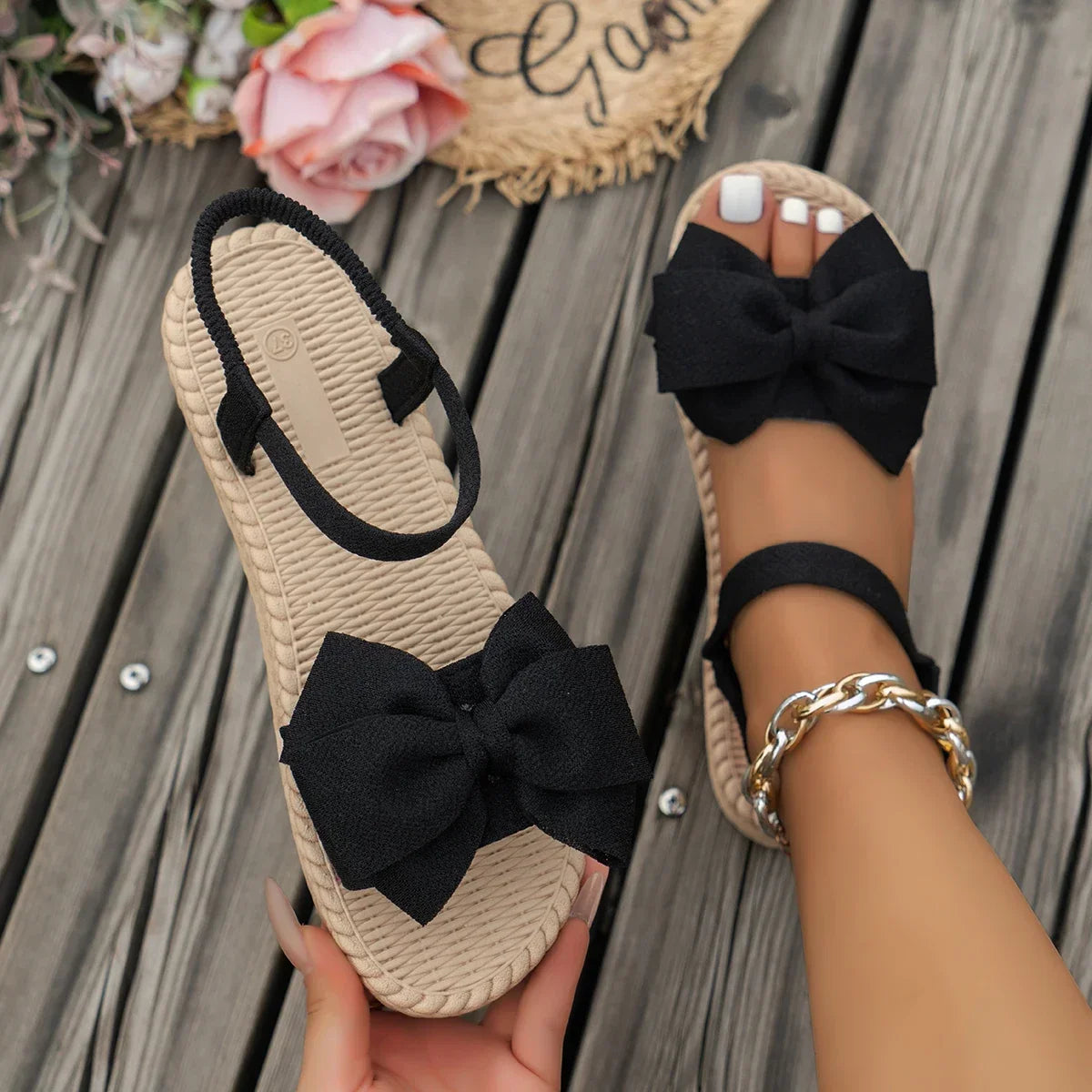 Women Sandals 2024 New Summer Lightweight Sandals Fashion Beach Casual Slippers Outdoor Bow Tie Flat Shoes Home Slides Women LadyShow.Store