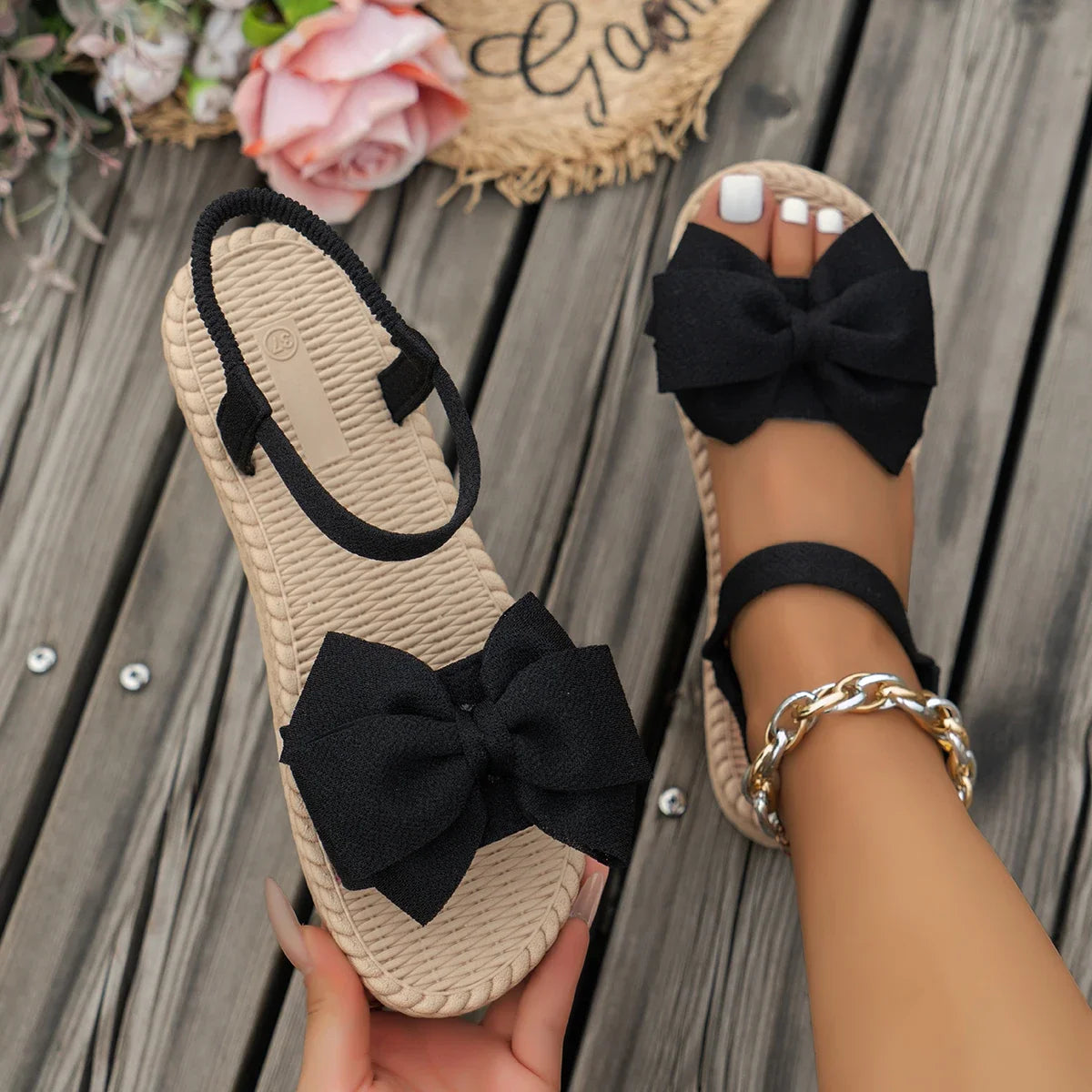 Women Sandals 2024 New Summer Lightweight Sandals Fashion Beach Casual Slippers Outdoor Bow Tie Flat Shoes Home Slides Women Pi-Mart