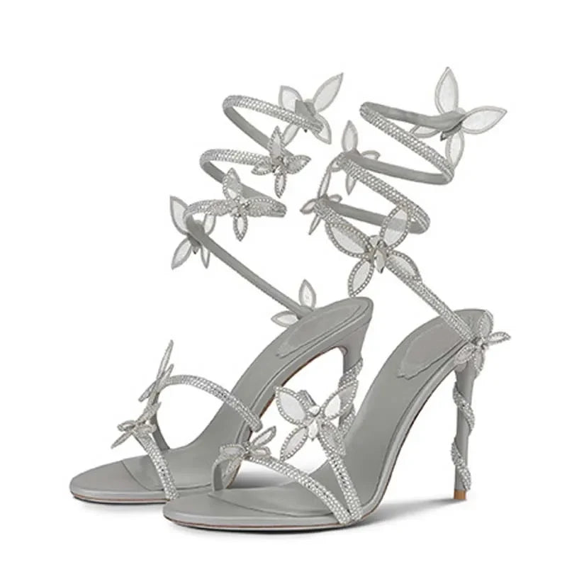 Aneikeh Sexy CRYSTAL Flower Narrow Band Ankle Strap Sandals Woman Thin High Heels Street Style  Pole Dancing Ladies Shoes LadyShow.Store