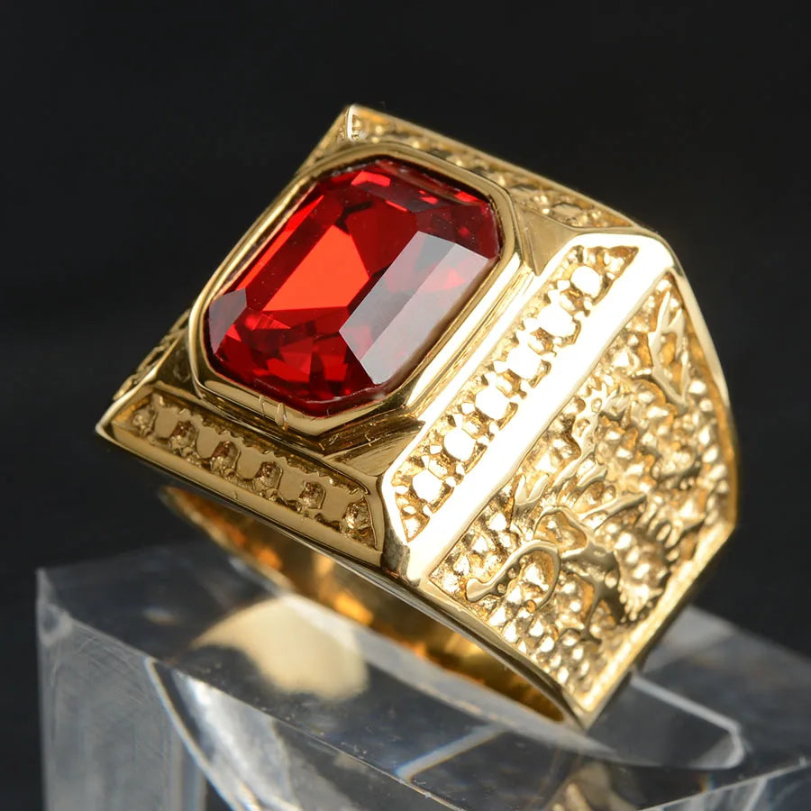 Keisha Lena Gold Plated Titanium Steel Inlay Red Blue Square Stone Men Ring Australian Gem Zirconia Wedding Ring Christmas Gift Pi-Mart