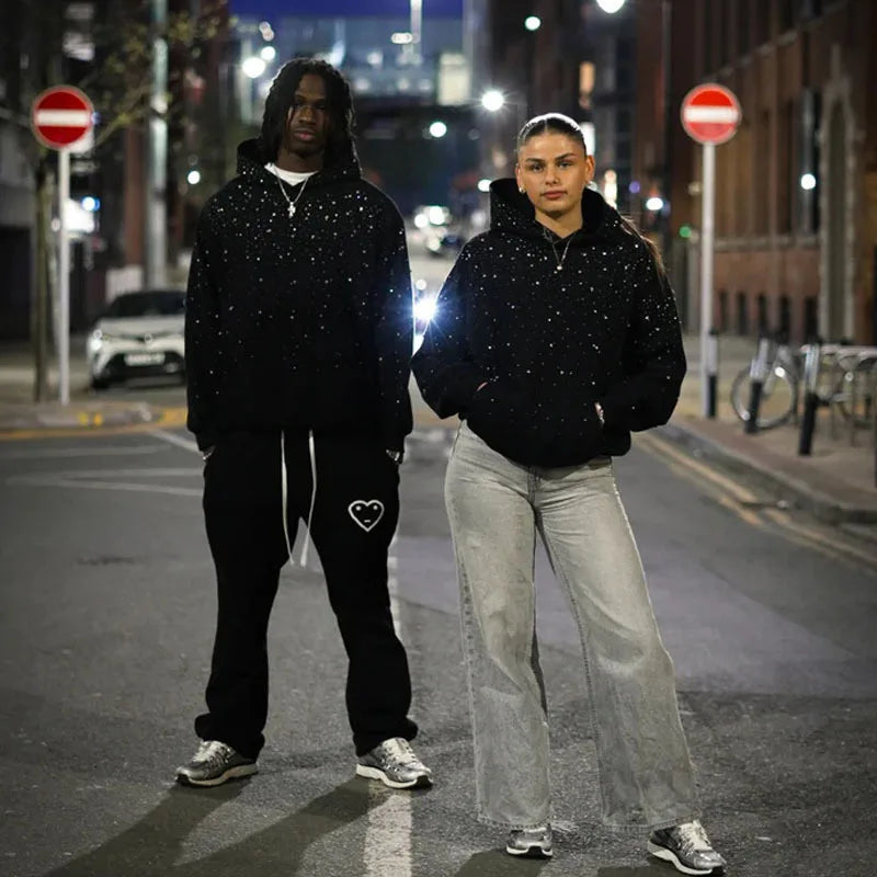 2025 Hooded Sports Pullover, Hot Stamping Diamond Couple Style Streetwear, INS Pi-Mart