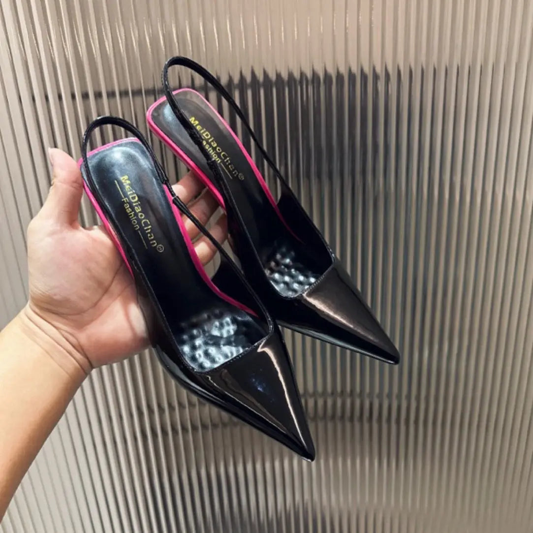 New Patent Leather Pointed Back Hollow Thin Heel Women's Sandals High Heels Thin Heel Sexy Back Hollow Temperament Single Shoe Pi-Mart