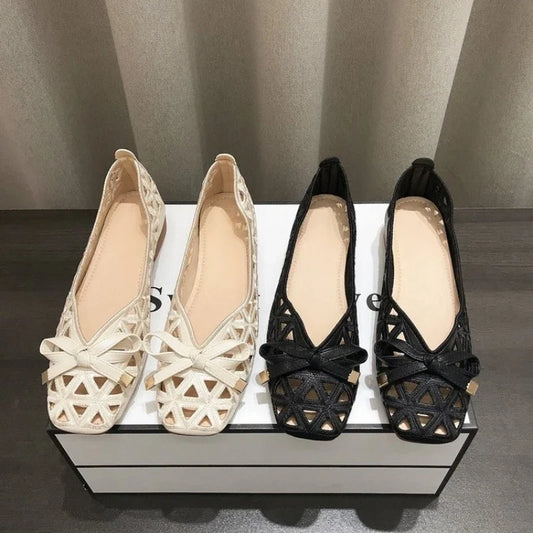 New French Style Bow Flat Sandals Women Geometric Cut-Out Peep-Toe Breathable Summer Beige Shoes for Dresses, Office and Casual LadyShow.Store