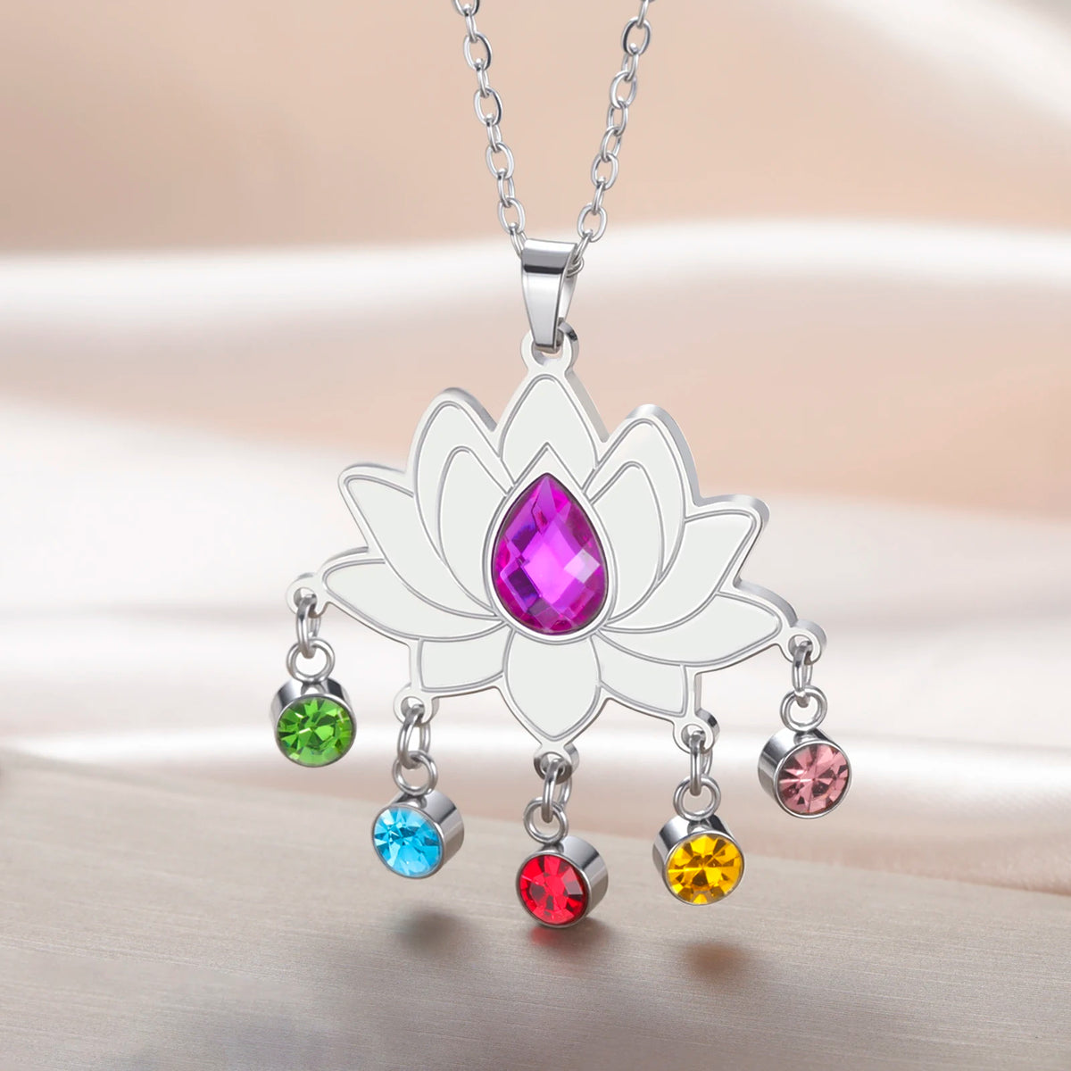Gold Plated 7 Chakra Lotus Flower Necklace with Om Symbol Spiritual Yoga Jewelry Seven Colorful Zircon Lotus Flower Necklace Pi-Mart
