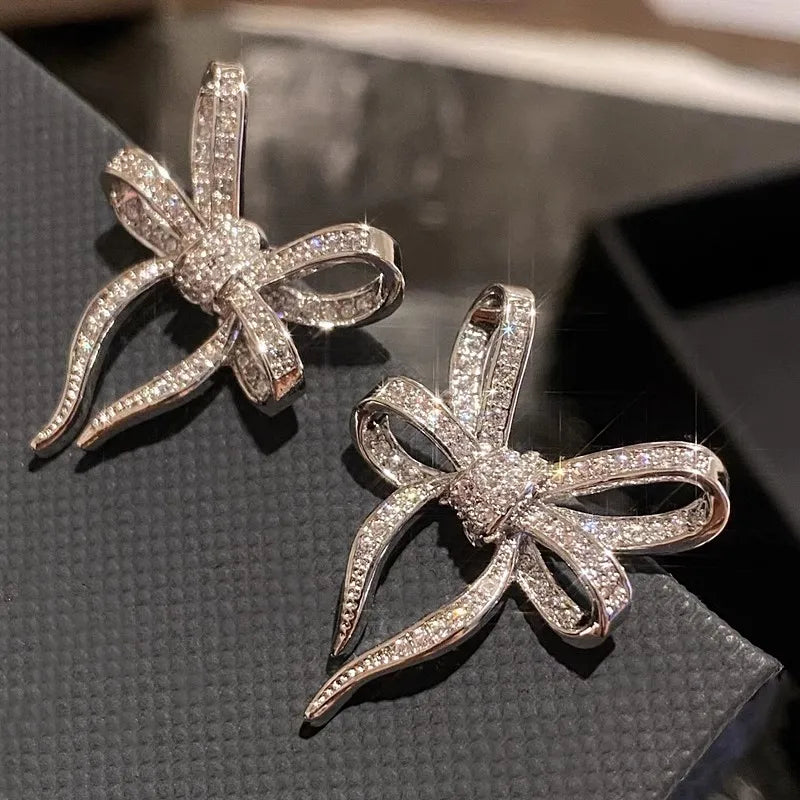 Huitan Exquisite Bow Shaped Stud Earrings for Women Bling Bling Cubic Zirconia Romantic Bowknot Earrings Wedding Trendy Jewelry Pi-Mart