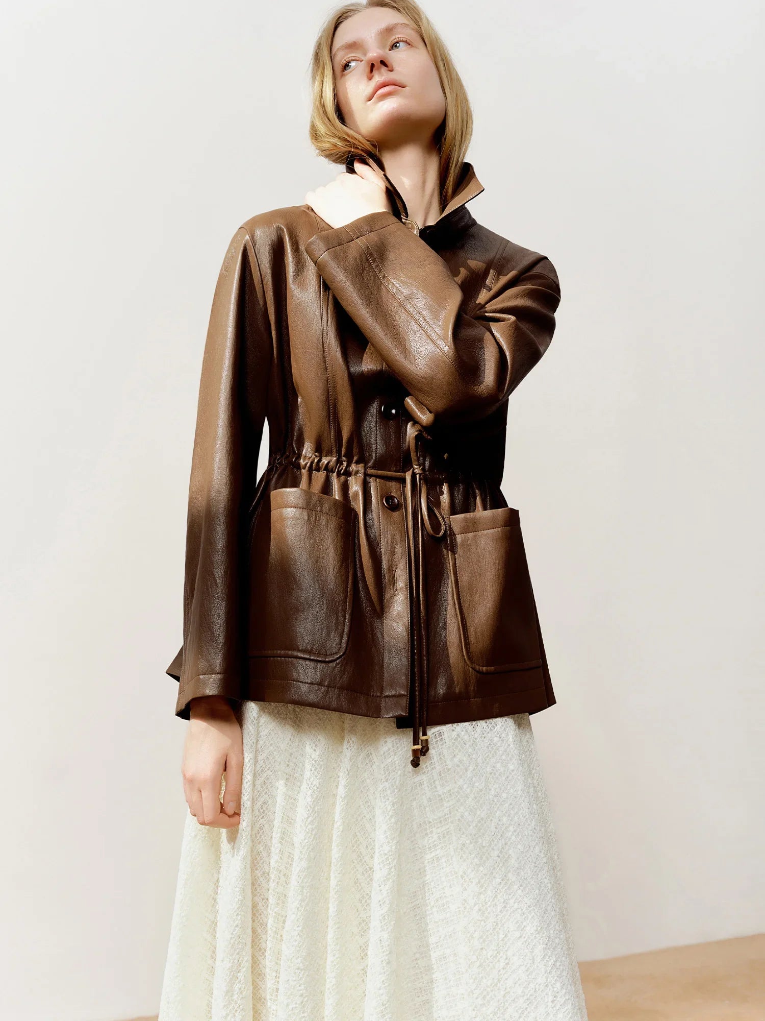 DUSHU 2026 Spring Women's Drawstring Waist Oversized Leather Jacket - Flattering Fit Cropped Motorcycle Style PU Coat for Casual LadyShow.Store