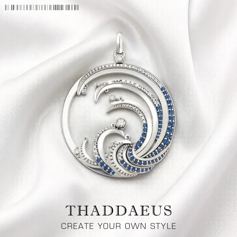 Wave With Blue Stone Pendants New Expressive Jewelry Pure 925 Sterling Silver Accessories Ocean Gift For Women Pi-Mart