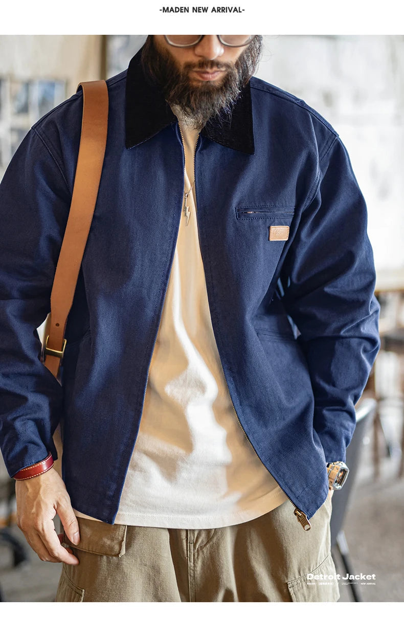 Maden Men's Retro J001 Detroit Jacket Heavyweight Canvas Hunting Coat Lapel Collar Work Jackets with Zipper for Spring Fall Pi-Mart