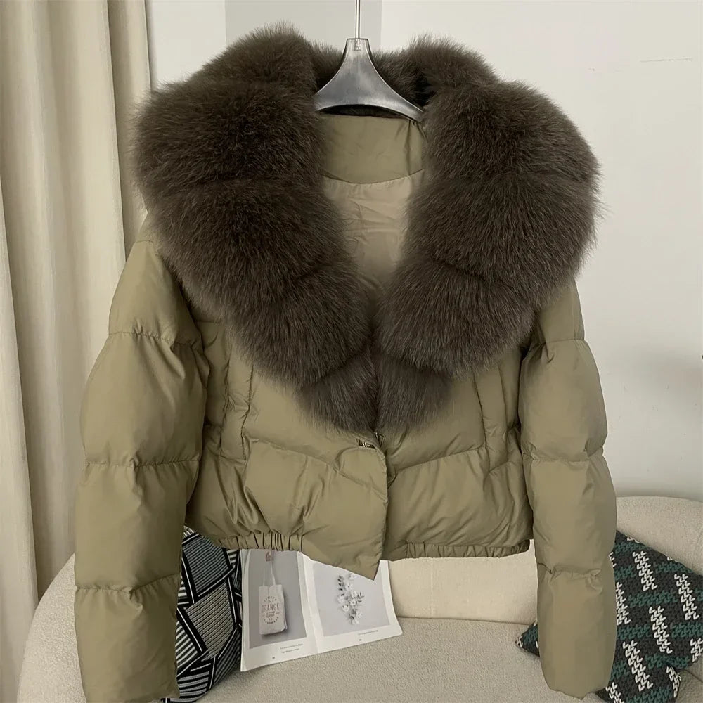 Down Jacket Women Short Puffer Jacket Thick New Big Natural Real Fox Fur Coat  Autumn Winter Female White Duck Down Coat Feather LadyShow.Store