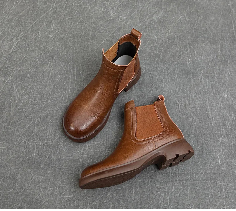 DRKANOL Fashion Women Thick Heel Ankle Boots Autumn Winter Warm Shoes Round Toe Real Cowhide British Style Slip On Chimney Boots Pi-Mart