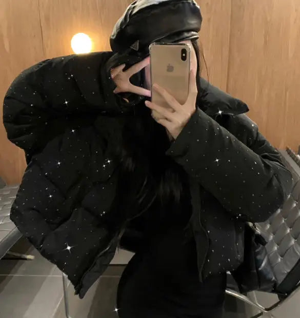 2026 New Winter Clothing Parkas Women's Outwear Short Coats Korean Rhinestone Coat Ladies Thickened Warm Cotton Puffer Jackets LadyShow.Store