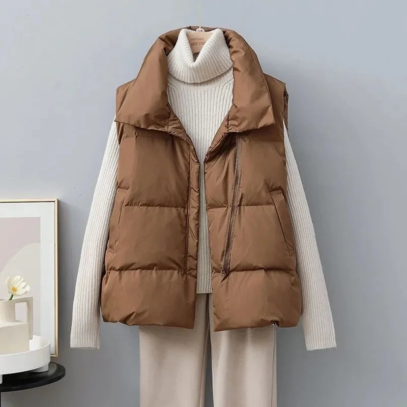 2024 New Winter Warm Cropped Vest Jackets for Women Fashion Sleeveless Stand Collar Zip Up Puffer Waistcoat Street Style Outwear LadyShow.Store
