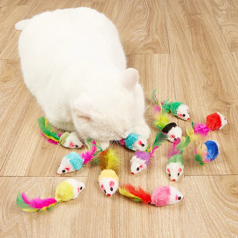 Interactive Cat Toy Realistic Mouse Shape with Rabbit Fur Feathers for Kitten Indoor Play Exercise Hunting Training Pi-Mart