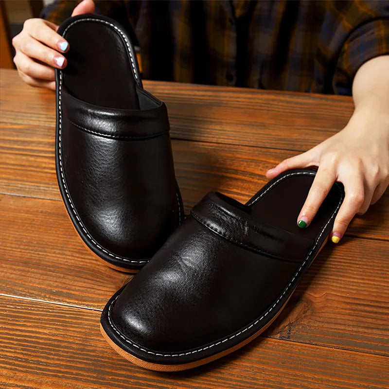Luxury Men Leather Handmade Women Home Slippers Autumn Winter Plush Slip on Soft Black Brown Bedroom Indoor Flat Men Shoes Pi-Mart