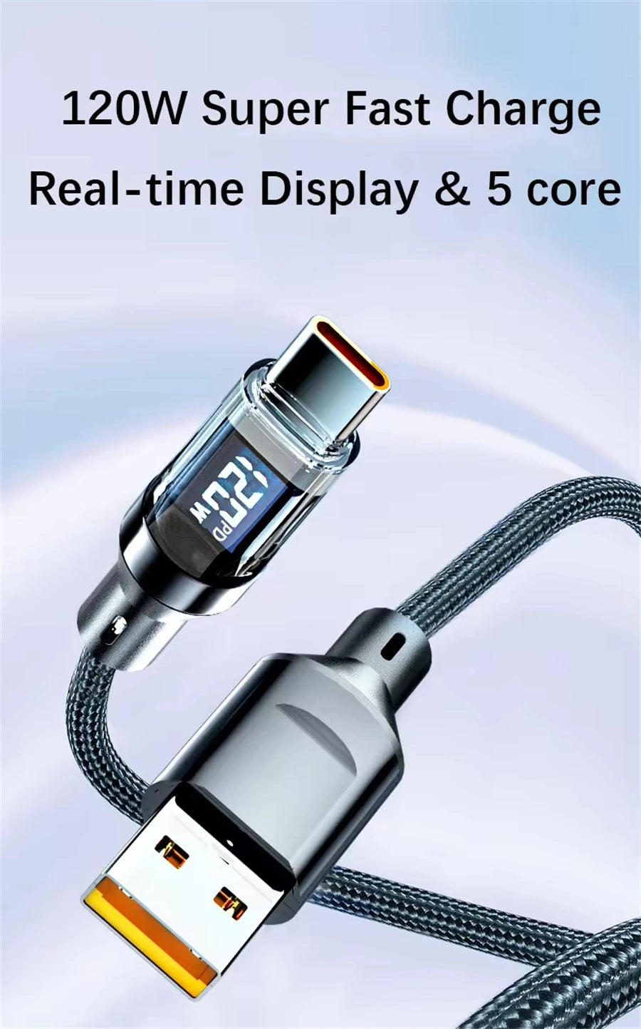 120W Super Fast Charging Cable Real-time Digital Display USB A to Type C Data Cable For iPhone Android Phones Universal Pi-Mart