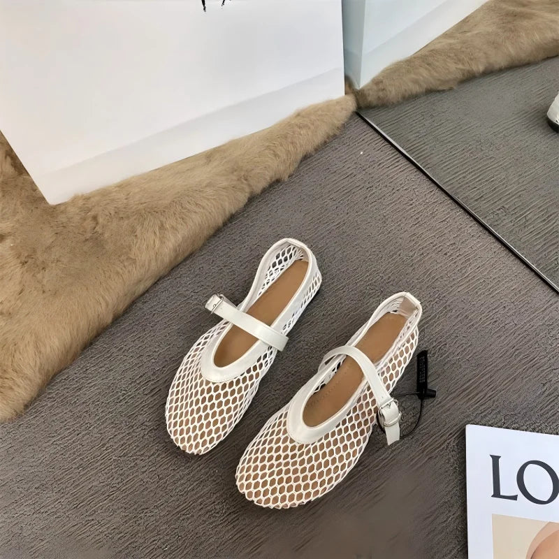 Women's Mary Jane Flats 2026 New Hollow Out Mesh Breathable Fishnet Ankle Strap Casual Summer Sandals LadyShow.Store