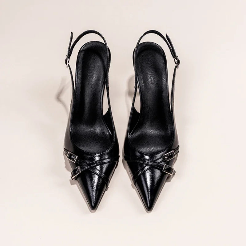 Fashionable Pointed Toe Shallow Mouth New High-heeled Shoes Summer Elegant Buckle Decorated Stiletto Black Women's Shoes NO:602 LadyShow.Store