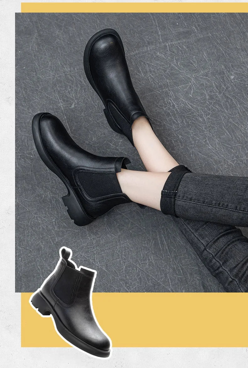 DRKANOL Fashion Women Thick Heel Ankle Boots Autumn Winter Warm Shoes Round Toe Real Cowhide British Style Slip On Chimney Boots Pi-Mart