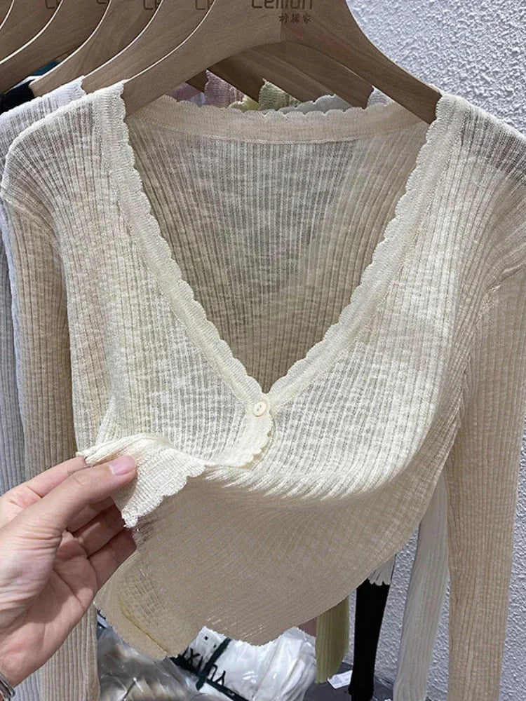 Summer Short Ice Silk Knitted Sun Protection Cardigan Women's Thin Suspender Skirt Layered Gauze Jacket Air-conditioned Cover Up LadyShow.Store