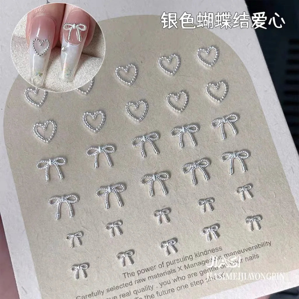 2Sizes Bowtie Love Nail Parts Nail Charms Korea Mini Silver Ribbon Bow tie Alloy Nail Art Accessories 3D Luxury Nail Decorations Pi-Mart