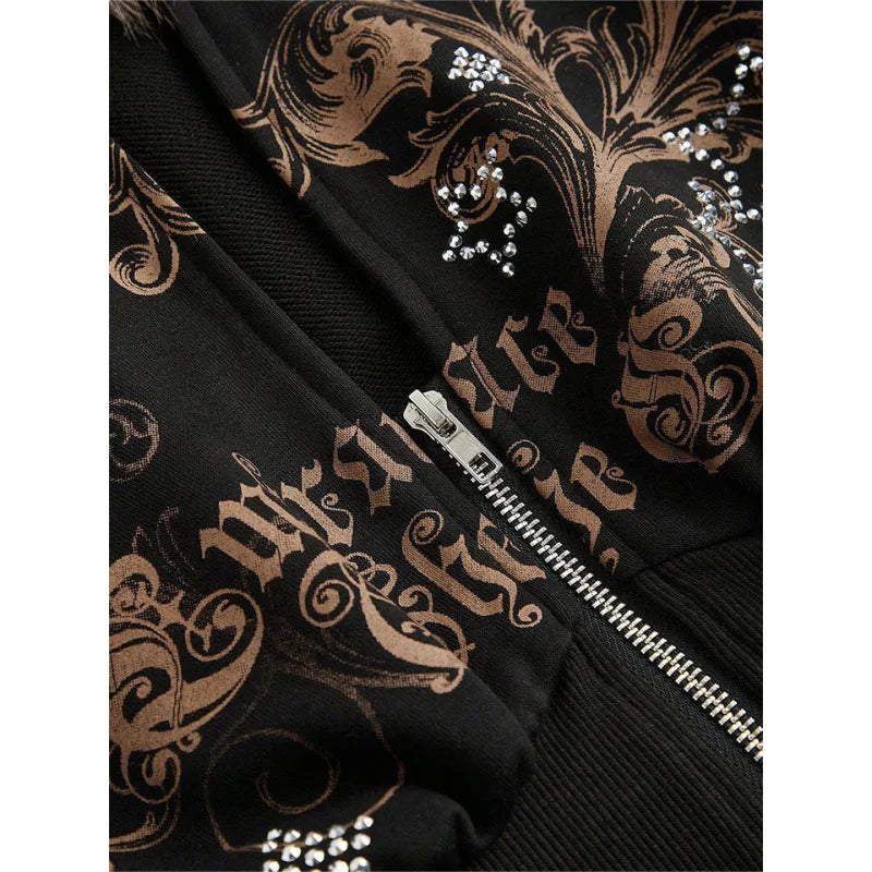 Winter Warm Gothic Print Hoodie Women's Clothin Faux Fur Crop Top Zip-Up Sweatshirt Fashion Y2K Streetwear Hooded Jacket 2026New LadyShow.Store