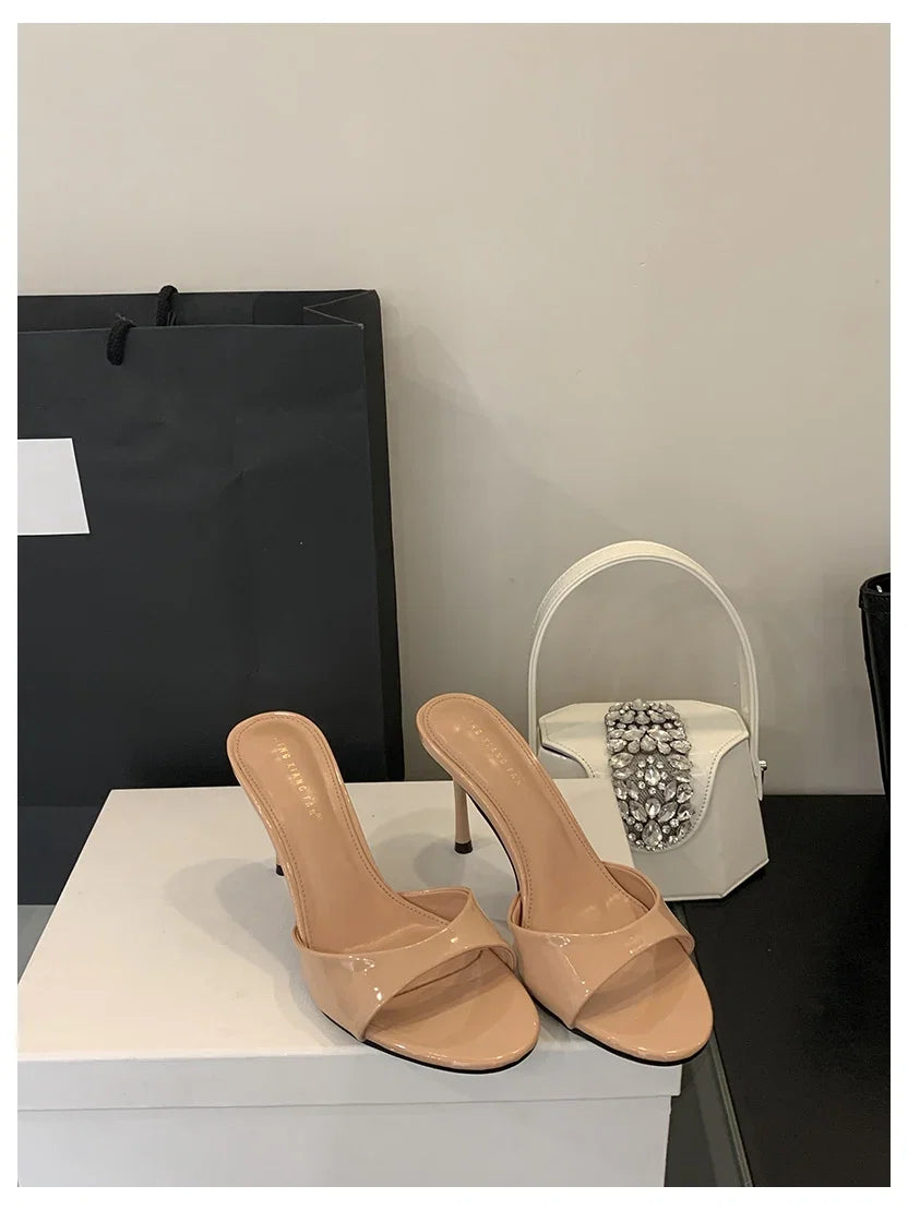 2026 Fashion Sexy Thin High Heels Slides Women Open Toe Pumps Slip Sandal Female Slippers Mule Patent Leather Outdoor Flip Flops LadyShow.Store