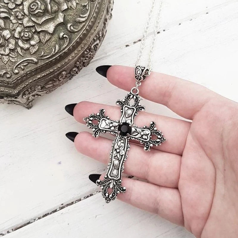 Y2K Punk Crystal Big Cross Pendant Necklaces for Women Men Gothic Irregular Cross Clavicle Chain Necklaces Jewelry Pi-Mart