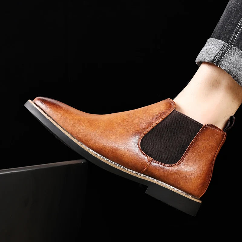 YRZL 39~47 Men Chelsea Boots Brand Retro Comfortable PU Leather Ankle Boots Men 2025 Fashion Black Brown Mens Boots Pi-Mart