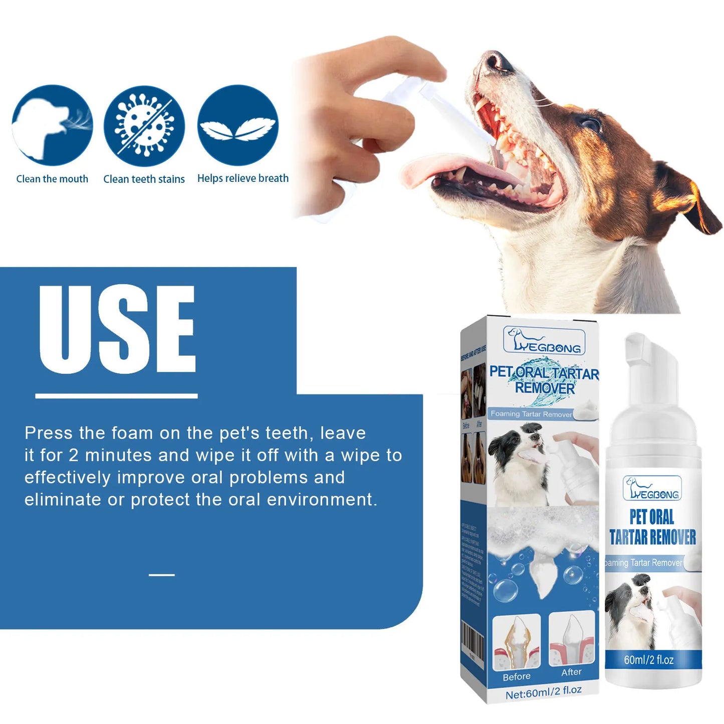 Pet Oral Tartar Remover Spray Deep Clenaing Yellow Teeth Eliminate Bad Breath Fresh Breath Whitening Teeth Pet Oral Foam Cleaner Pi-Mart