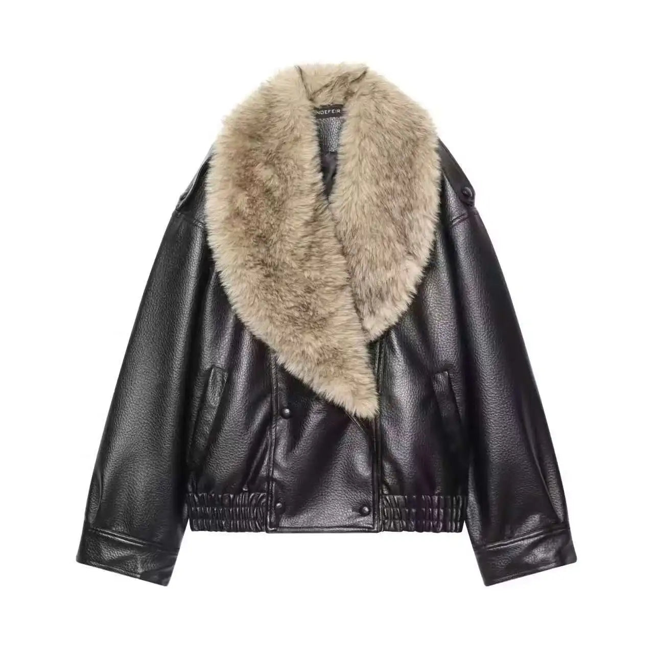 TFMLN 2025 Winter Women Loose Faux Leather Jacket Fashion Removed Big Fur Collar Causal Coat High Street Double Breasted Outwear LadyShow.Store
