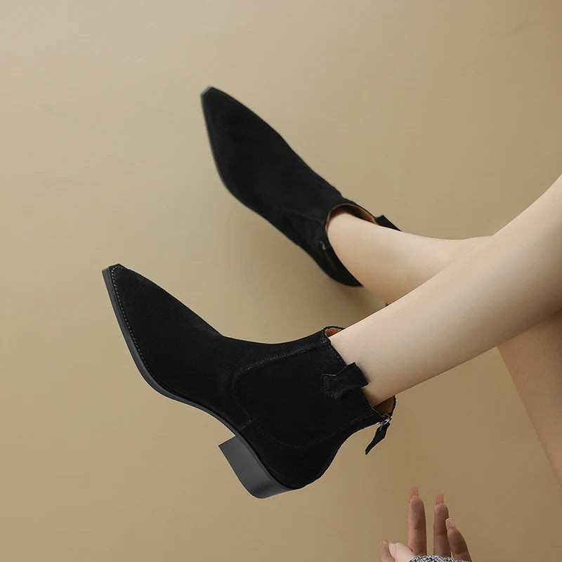 New 2025 Trend Autumn Winter Cow Suede Women Western Boots Black Brown Khaki Purple Green Burgundy Pointed Toe Lady Ankle Boots Pi-Mart