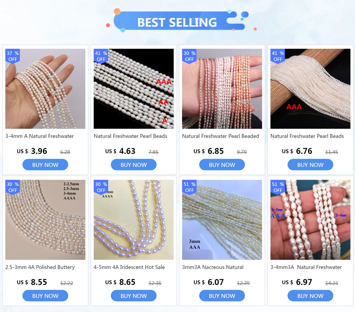 A Natural Freshwater Pearl Bead Rice Shape Christmas Gift Ladies White Jewelry Making DIY Fashion Bracelet Necklace Accessories Pi-Mart