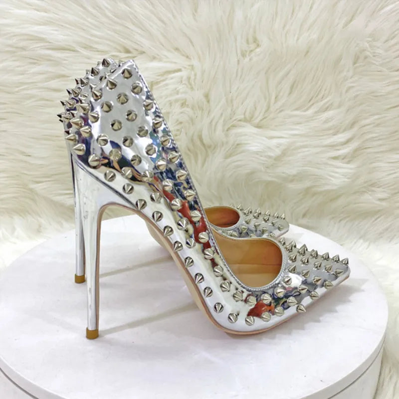 Women New Rivet High Heels 12CM Fashion Pointed Toe Party Single Shoes Europe And America Club Stage Pumps Silver Plus Size 43 Pi-Mart