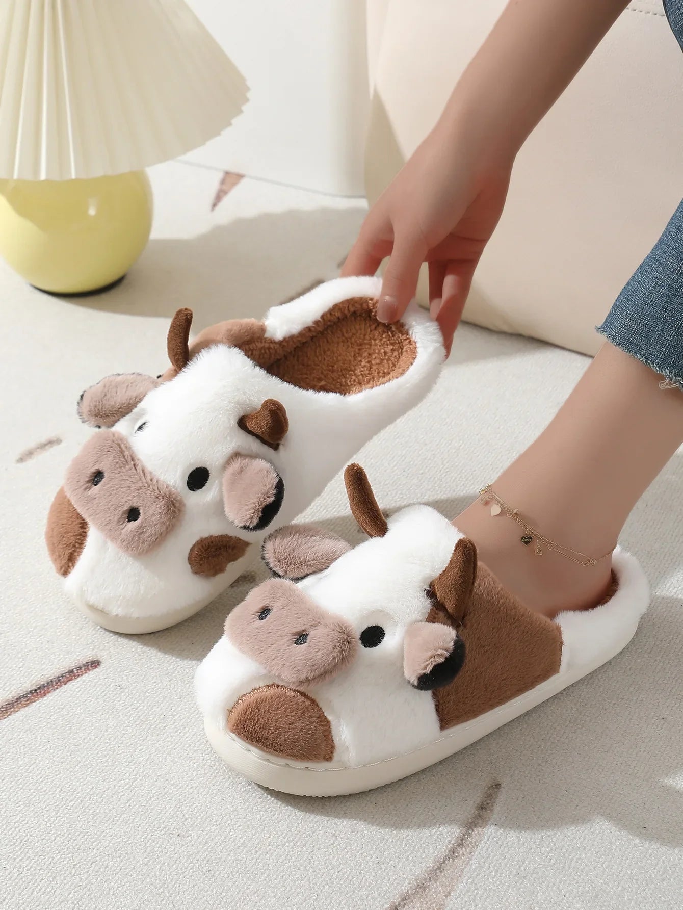 Winter Home Slippers for Couples Warm Plush Neutral Cartoon Cow Indoor Anti Slip Comfortable Cotton Slippers for Men and Women LadyShow.Store