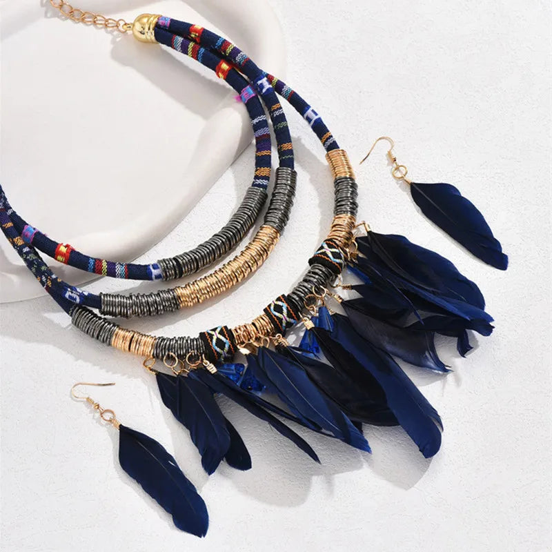 Fashion Vintage Ethnic Feather Choker Necklace Earrings Set For Women Multilayer Nekclace Earrings Jewelry Sets Pi-Mart