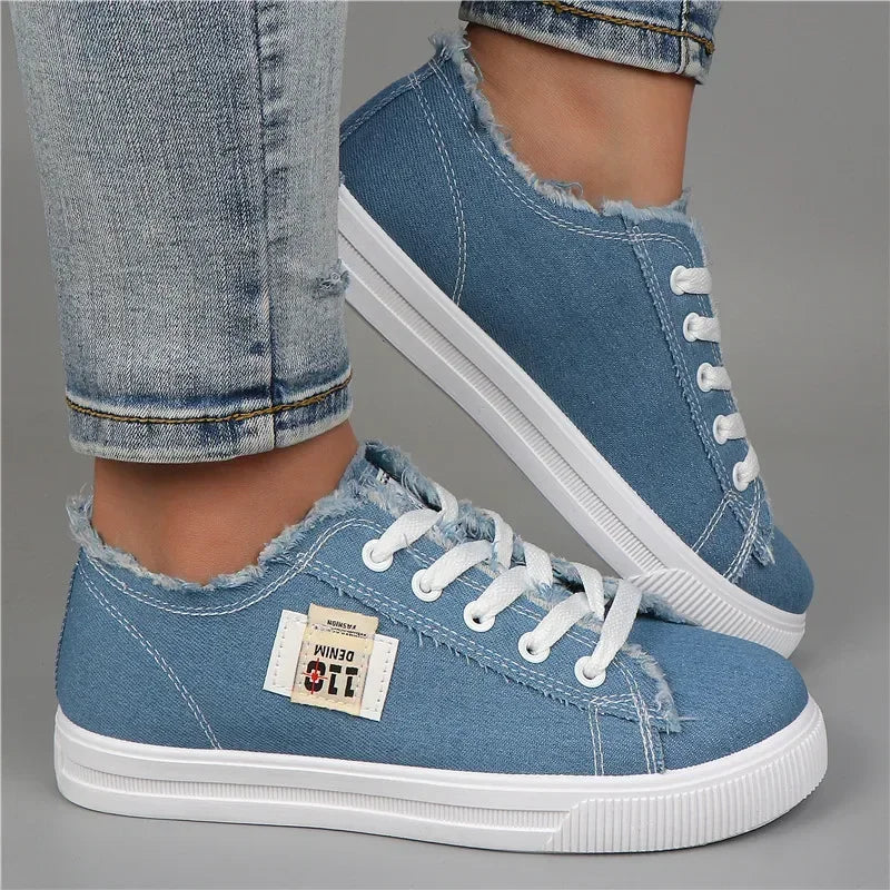 2024 Spring Summer Women Canvas Sneaker Low Top Denim Sneakers Ladies Lace-Up Flat Canvas Board Shoes Female Sapatos Femininos Pi-Mart