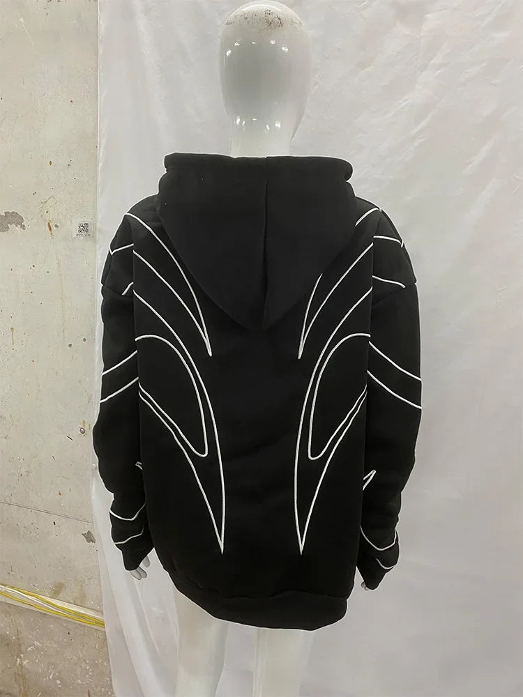 Street Retro Fashion Clothing Striped Embroidered Black Double Zipper Hoodie American Hip-hop Punk Oversized Sweatshirt women LadyShow.Store