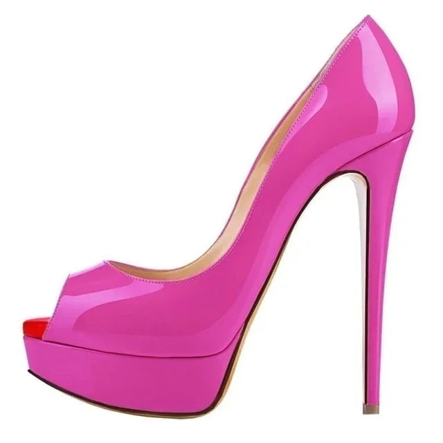 Women Pumps Sexy Platform Peep Toe 14cm Extremely Thin High Heels Stiletto Patent Leather Fashion Party Nighclub Wedding Shoes Pi-Mart