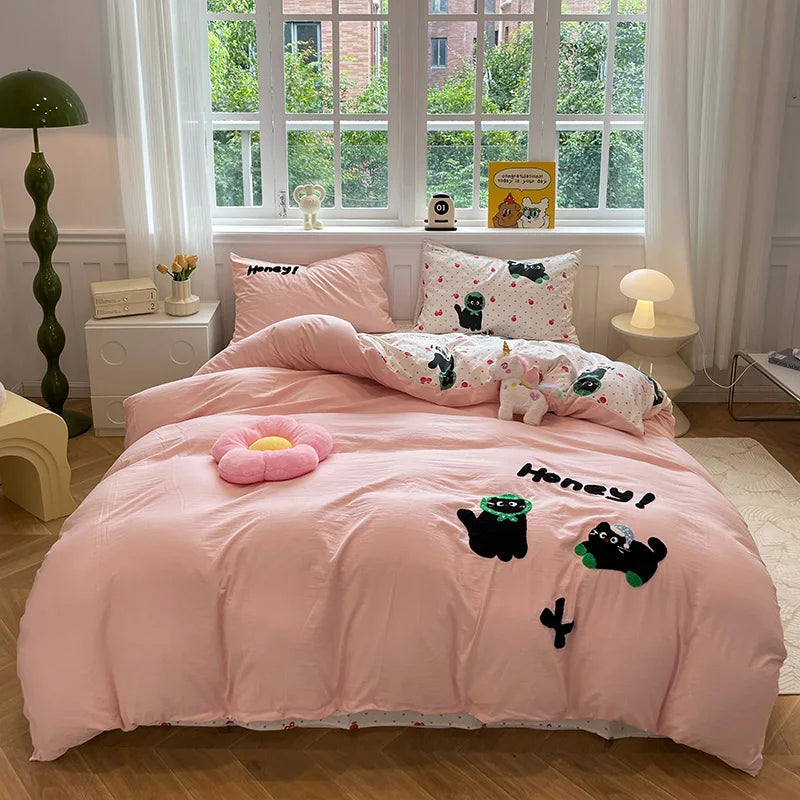 Cute Cat  Bedding Set For adults kids Brown pink Lovely Bed Sheet set With Pillowcases Colorful King Queen Full size LadyShow.Store