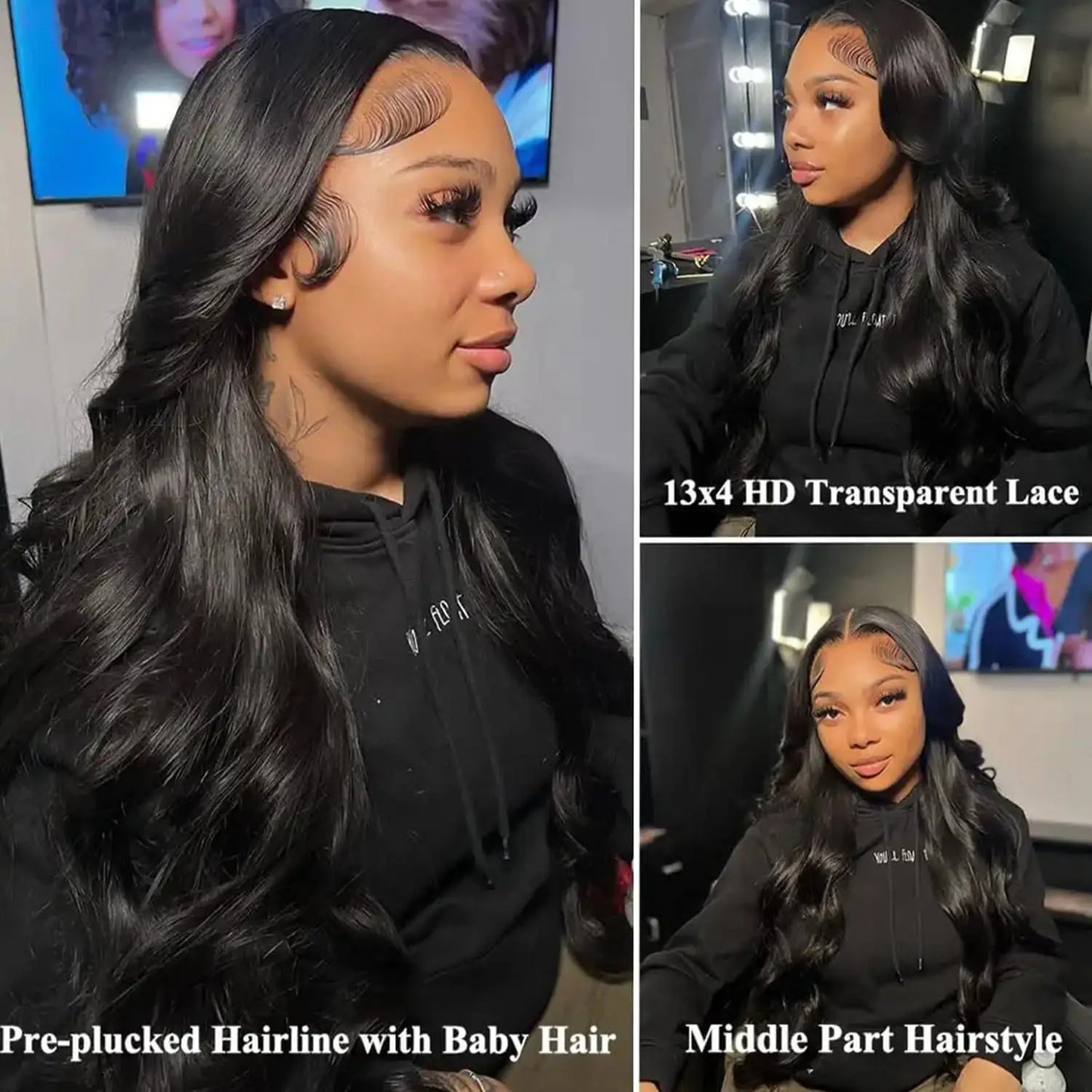 Natural Black Body Wave Remy Human Hair Wigs Lace Front Wig Pre Plucked Hairline 180% Density HD Transparent Lace Frontal Wig LadyShow.Store