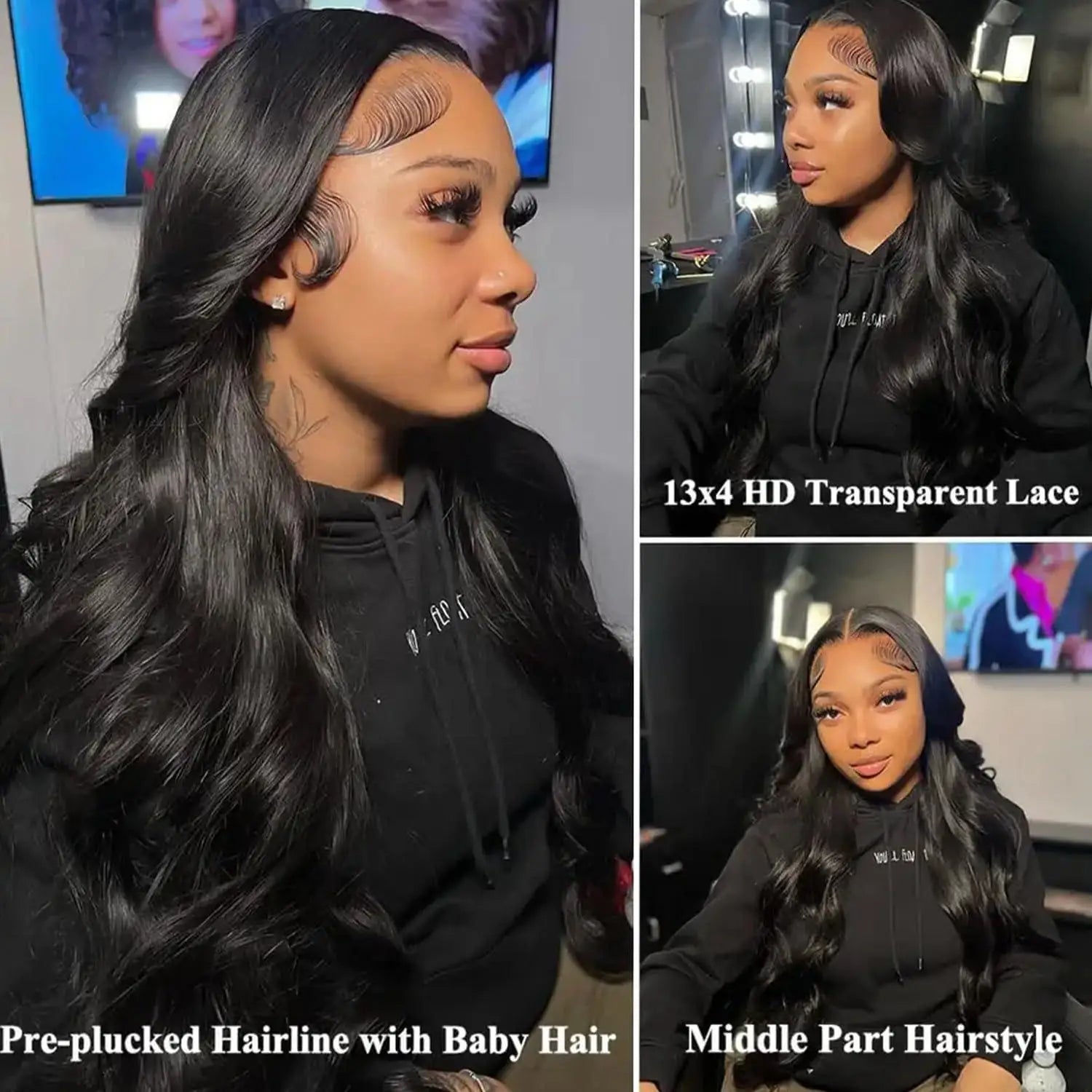 Natural Black Body Wave Remy Human Hair Wigs Lace Front Wig Pre Plucked Hairline 180% Density HD Transparent Lace Frontal Wig LadyShow.Store