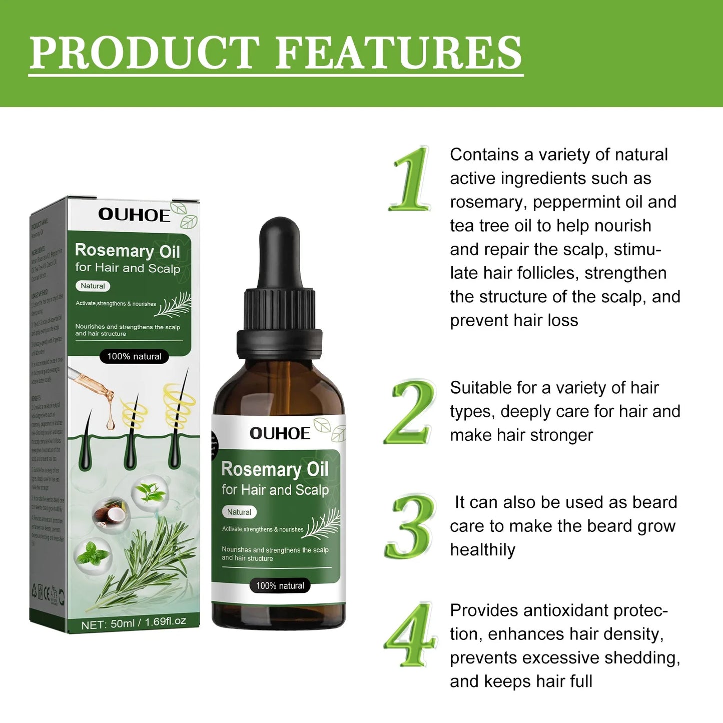 Rosemary Oil for Hair Growth 50ml Essential Oil Growing Hair Beauty Hair Care Prevents Hair Loss Promotes Healthy Hair Growth Tri Light Beauty
