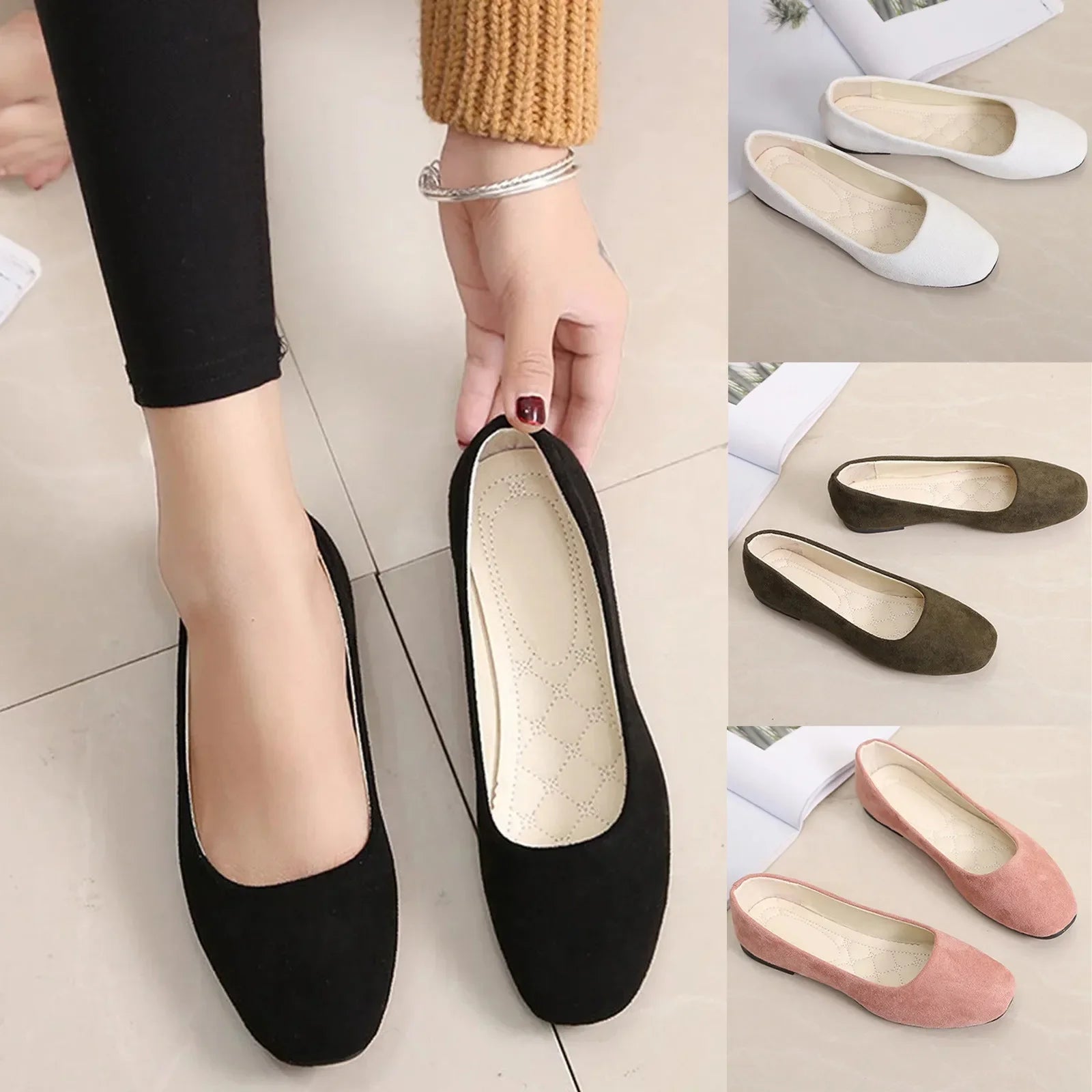 Women Suede Loafers Flat Heel Shallow Female Shoes Spring Summer Square Toe Basic Concise Women Pumps Size 36-43 LadyShow.Store