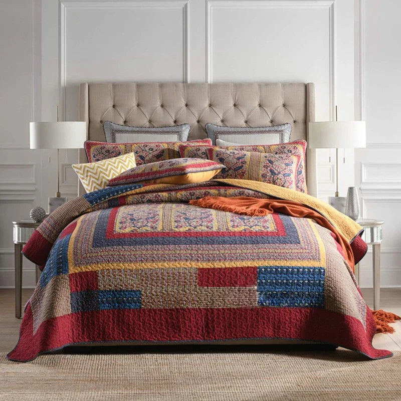 Vintage Patchwork Cotton Quilt Set 3PCS King/Queen - All-Season Thin Comforter Bedspread,Breathable Quilted Coverlet Bedding Pi-Mart